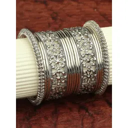 Oomph Oxidized Silver Floral Design Classic Bangles - Set of 16-picture-30