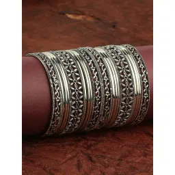 Oomph Oxidized Silver Floral Design Classic Bangles - Set of 18-picture-39