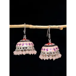 OOMPH Peach-Coloured & Silver-Toned Oxidised Dome Shaped Jhumkas Earrings-picture-38