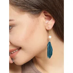 Oomph Peacock Green Feather & Pearls Fashion Dangler Earrings-picture-27