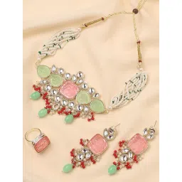 OOMPH Pink & Mint Green Jaipur Stone Kundan Floral Necklace Set with Ring for Women-picture-33