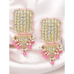OOMPH Pink Beads & Kundan Jadau Ethnic Large Drop Earrings For Women-picture-37