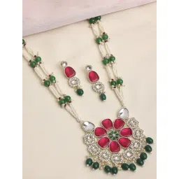 Oomph Pink Long Mala Jadau Necklace, Earring & MaangTikka Set-picture-32