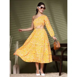 Oomph! Printed One Shoulder Tiered Fit and Flare Midi Dress With Cut-Outs Details-picture-37