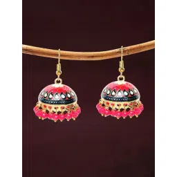 Oomph Rani Pink Meenakari Floral Design with Beads Jhumki Earrings-picture-20