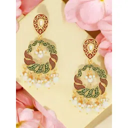 OOMPH Red & Green Meenakari Chandbali Drop Earrings Kundan & Pearls Studded For Women-picture-13