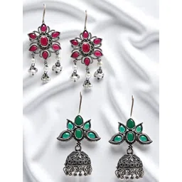 OOMPH Set Of 2 Artificial Stones Studded And Beaded Floral Shaped Floral Drop Earrings-picture-41