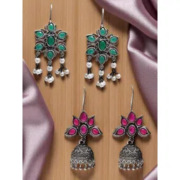 OOMPH Set Of 2 Artificial Stones Studded & Beaded Floral Shaped Oxidised Jhumkas-picture-41