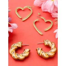 OOMPH Set of 2 Gold Half Hoop Stylish Latest Twisted & Heart Shape Earrings for Women For Women-picture-14