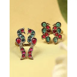 OOMPH Set Of 2 Kundan-Studded Jadau & Bird Adjustable Finger Ring-picture-32