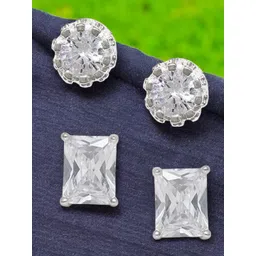 OOMPH Set Of 2 Men Cubic Zirconia Studded Floral Studs-picture-38