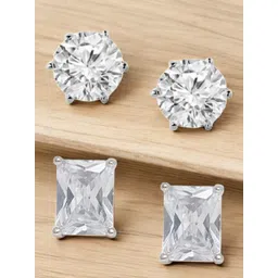 OOMPH Set Of 2 Men Cubic Zirconia Studded Square Studs-picture-37