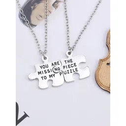 OOMPH Set Of 2 Piece Silver-Toned Jigsaw Puzzle Couple Pendant Set-picture-30