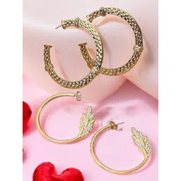 OOMPH Set of 2 Textured & Crystal Studded Floral Shaped Half Hoop Earrings-picture-28
