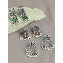 OOMPH Set Of 3 Oxidised Floral Drop Earrings-picture-29