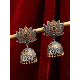 OOMPH Silver & Gold Tone Lotus Ethnic Jhumka Earrings-picture-12