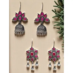 OOMPH Silver Floral Jhumki Earrings Set of 2-picture-33