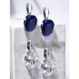 OOMPH Silver Tone Large Oval Blue and White Cubic Zirconia Drop Earrings Pack of 2-picture-15