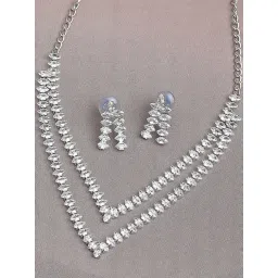 OOMPH Silver Tone Multi Layer American Diamond CZ Necklace Set-picture-22