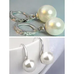 OOMPH Silver Tone White Pearl Delicate Office Wear Fashion Drop Earrings - Set of 2-picture-33