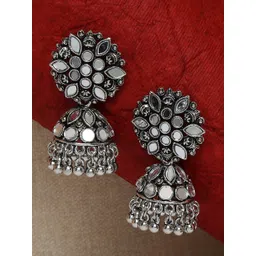 OOMPH Silver-Toned Dome Shaped Jhumkas Earrings-picture-24