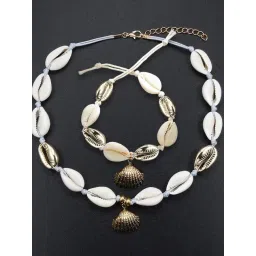 Oomph White & Gold Sea Shell Bohemian Beachwear Fashion Necklace & Anklet Set-picture-18