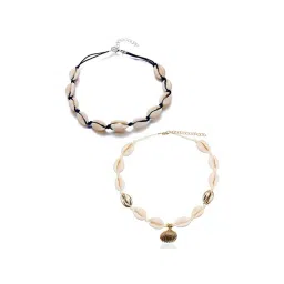 Oomph White Black & Gold Sea Shell Bohemian Beachwear Fashion Choker Necklace - Set of 2-picture-46