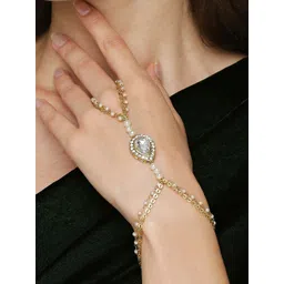 OOMPH Women Gold-Toned & White Kundan & Pearls Hathphool Bracelet with Ring-picture-36
