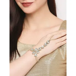 OOMPH Women Gold-Toned & White Kundan Handcrafted Gold-Plated Ring Bracelet-picture-25