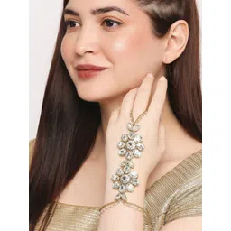 OOMPH Women Gold-Toned & White Kundan Handcrafted Gold-Plated Ring Bracelet-picture-34