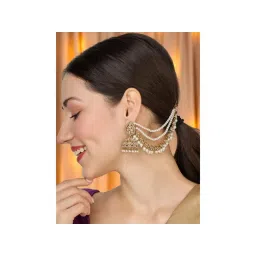OOMPH Women White Kundan Pearl Jhumka Earrings with Ear Chain-picture-13