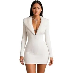 ootdfy Womens Deep V Neck Ribbed Knit Bodycon Mini Dress with Faux Fur Collar Elegant Long Sleeve Slim Fit Winter Dress for Nights Out and Special Occasions-picture-38