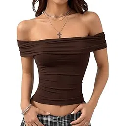 ootdfy Women's Off-Shoulder Crop Top, Chocolate Brown, Ruched Design, Fitted Style, Casual Short Sleeve-picture-53