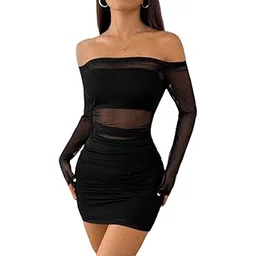 ootdfy Women's Off Shoulder Mesh Mini Dress, Black, Long Sleeve, Ruched Bodycon Style, Party Cocktail-picture-41
