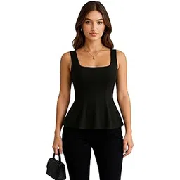 ootdfy Women’s Sleeveless Peplum Top – Square Neck A-Line Casual T-Shirt for Party, Office Flowy Summer Tunic Tank Top-picture-24