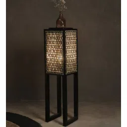 Twilight Teak Wood Column Floor Lamp with Cane Shade (Black)-image-19