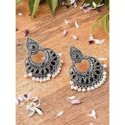 OPUS GEMS Artificial Stones Studded & Beaded Oxidised Crescent Shaped Chandbalis-picture-25