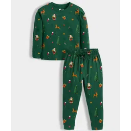 Orange Sugar 100% Cotton Knit Christmas Theme Full Sleeves Reindeer & Gifts Printed Coordinating Night Suit Set - Dark Green-picture-19