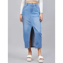 Orchid Blues Front Slit Denim Straight Midi Skirt-picture-33