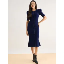 Orchid Blues Puff Sleeve Denim Sheath Midi Dress-picture-36