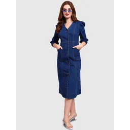 Orchid Blues Puff Sleeve Denim Shirt Midi Dress-picture-37