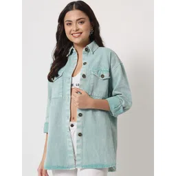 Orchid Blues Women Beige Lightweight Pure Cotton Longline Denim Jacket-picture-17