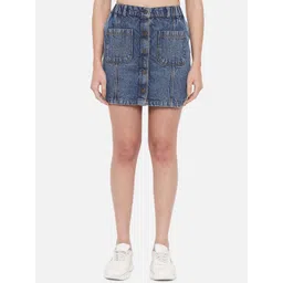 Orchid Blues Women Blue Solid Cotton Denim A-Line Mini Skirts-picture-18