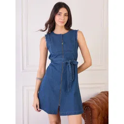 Orchid Blues Women Denim Front Zipper Shift Dress-picture-27