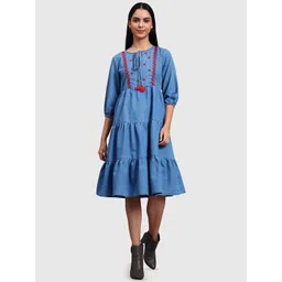 Orchid Blues Women Floral Embroidered Tiered Denim A-Line Dress-picture-19