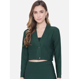 Orchid Blues Women Green Solid Single Breasted Crop Blazer-picture-35