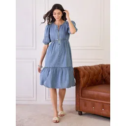 Orchid Blues Women Solid Puff Sleeve Denim Fit and Flare Midi Dress-picture-20