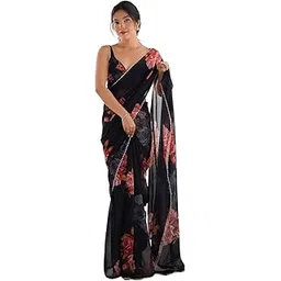 orhans Women's Stylish Chiffon Floral Printed & Lace Festive Saree with Unstitched Blouse Piece (Black)-picture-34