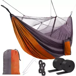 ORILEY Camping Hammock with Mosquito Net & Carabiner 200-300 Kg Load Capacity Orange & Grey-picture-12