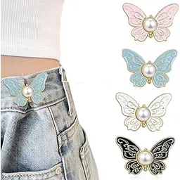 osdue Butterfly Jean Buttons, Pearl Decorative Waist Tightener Set, Pink Blue White Black, No Sew Adjustable Buckles for Jeans and Skirts, 4 Pieces with Card Caps, 3.5cm-picture-33